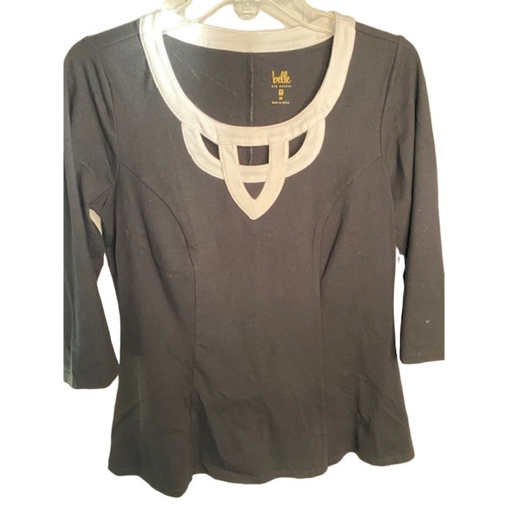 Belle by Kim Gravel black/white knit 3/4 sleeve top Size XS white trim